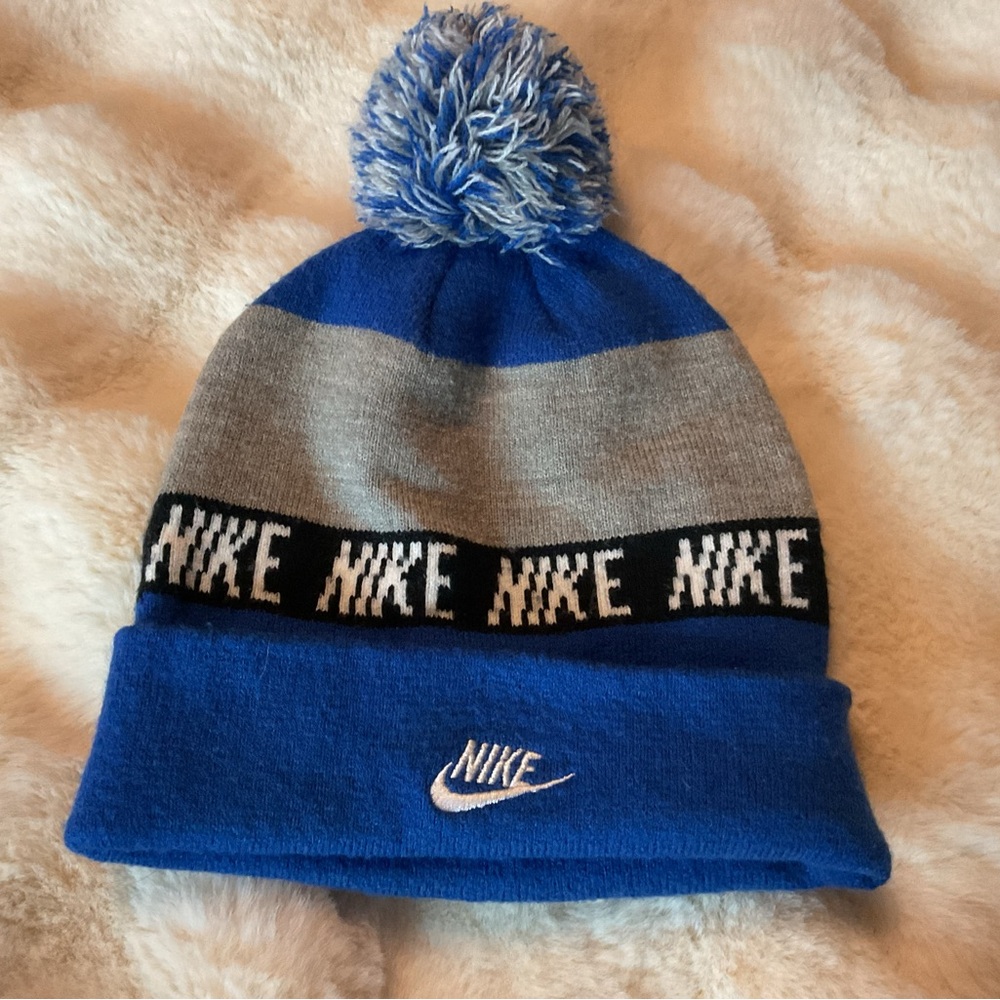 NIKE•Kids Blue and Gray Beanie with Pom-Pom